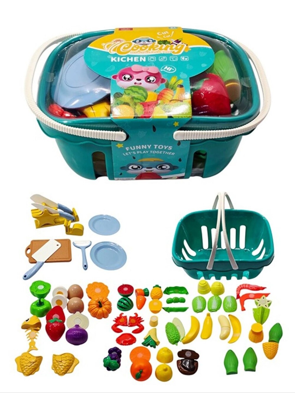 Kids Pretend Play Food Set – 40+ Pcs Vegetables, Fruits & Basket, Toy food